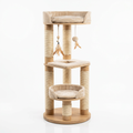 Torre rascadora modular para gatos en tonos beige y madera natural sobre fondo blanco