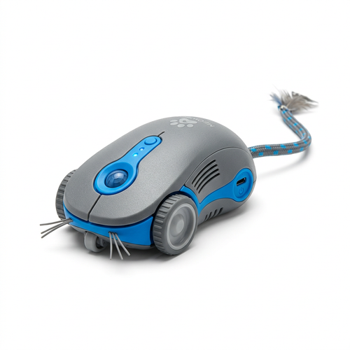 Ratón robot inteligente para gatos en color gris y azul sobre fondo blanco